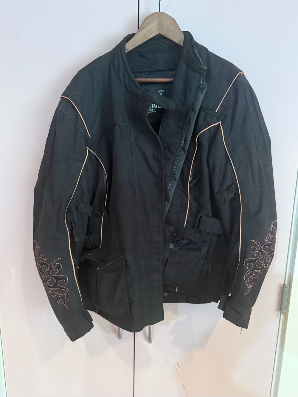 Women's Black Utility Jacket with Pink Embroidered Accents